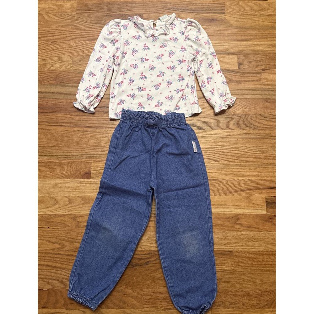 Vintage Healthtex Two Piece Girls Outfit Denim Jeans And Floral Top Size 5-6